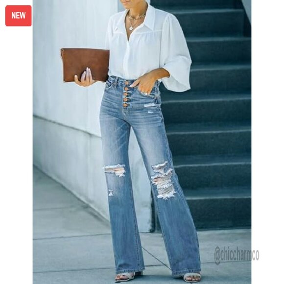 High Waisted Ripped Flare Jeans Distressed Bell Bottom Wide Leg Pants - Picture 5 of 8